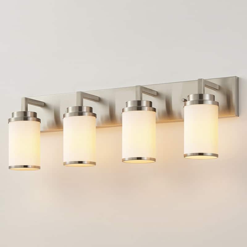 KAWOTI Frosted White Glasses Vanity Light with Metal Ring (Nickel)