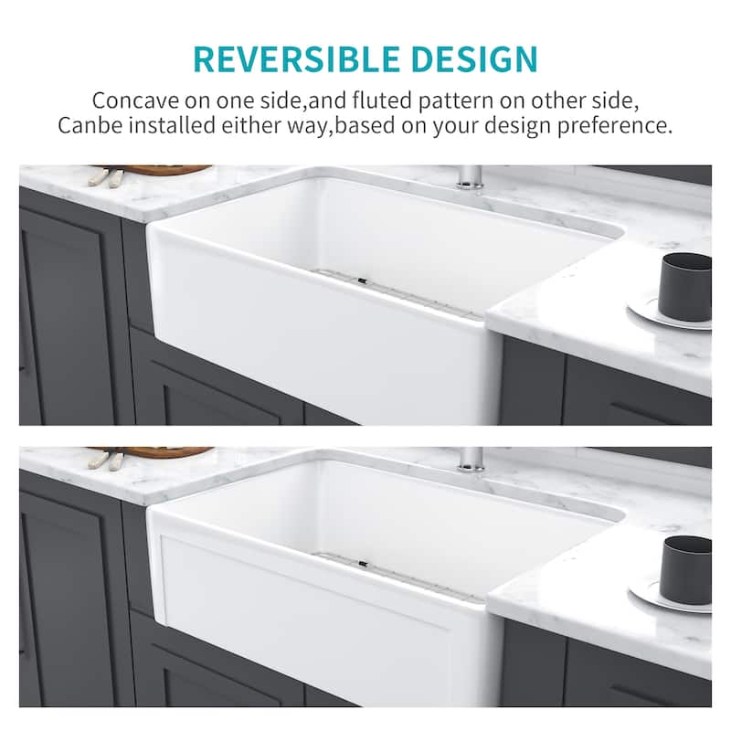White Farmhouse Sink - 30 inch Kitchen Sink Apron-front White Ceramic Reversible Single Bowl Kitchen Farm Sinks - 30*20*10