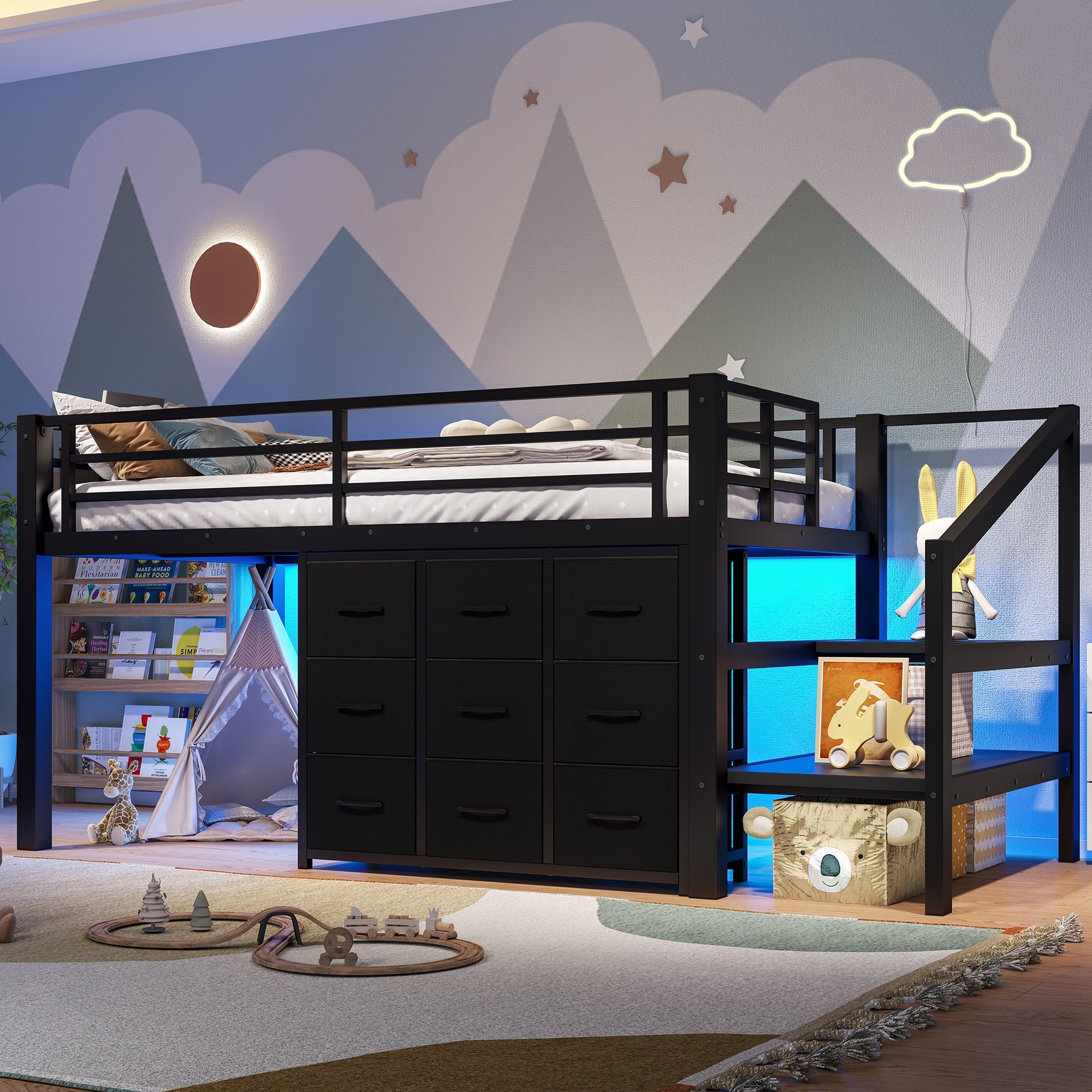 Twin Low Loft Bed with Multi-Storage Solutions and Built-in Lights