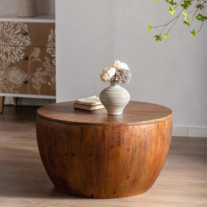 GDFStudio Cael Barrel Wood Coffee Table with Hollow Storage - Brown