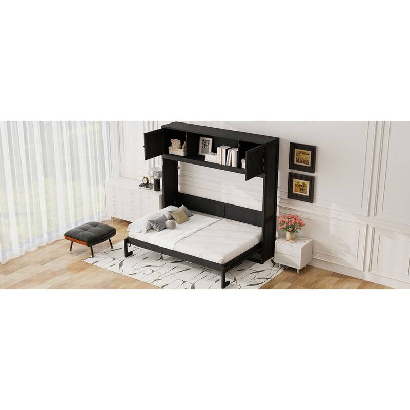 Roomfitters Full/Queen Size Murphy Bed with Storage Cabinets, Shelves and Rustic X-Shape Design