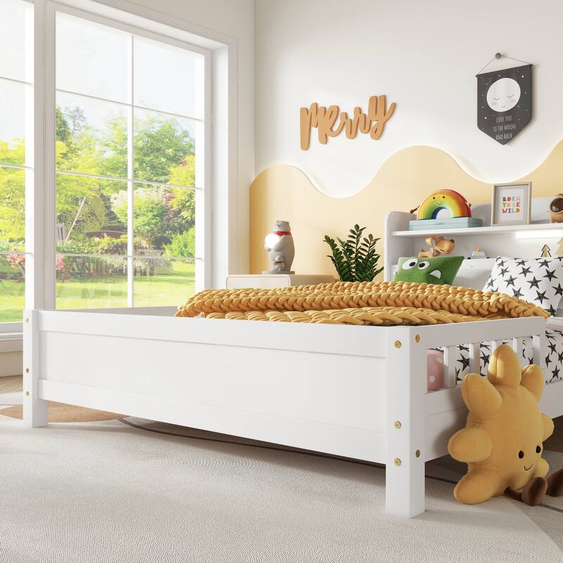 Full Pine Wood Bed with Bookcase Headboard, LED Motion Sensor Light & Bed Guardrails in White