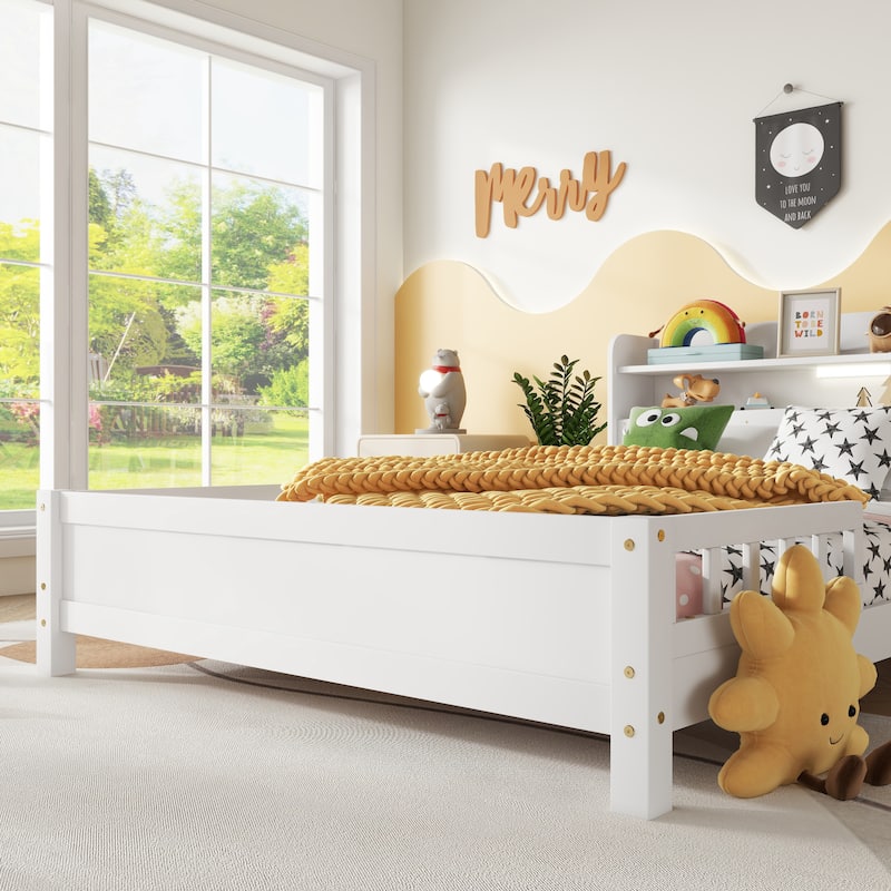 Pine Wood Bed with Bookcase Headboard