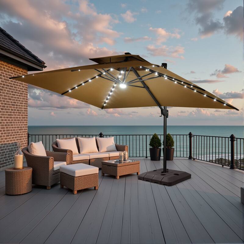 10 FT x 13 FT Outdoor LED Lighted Patio Cantilever Umbrella with Base - Tan