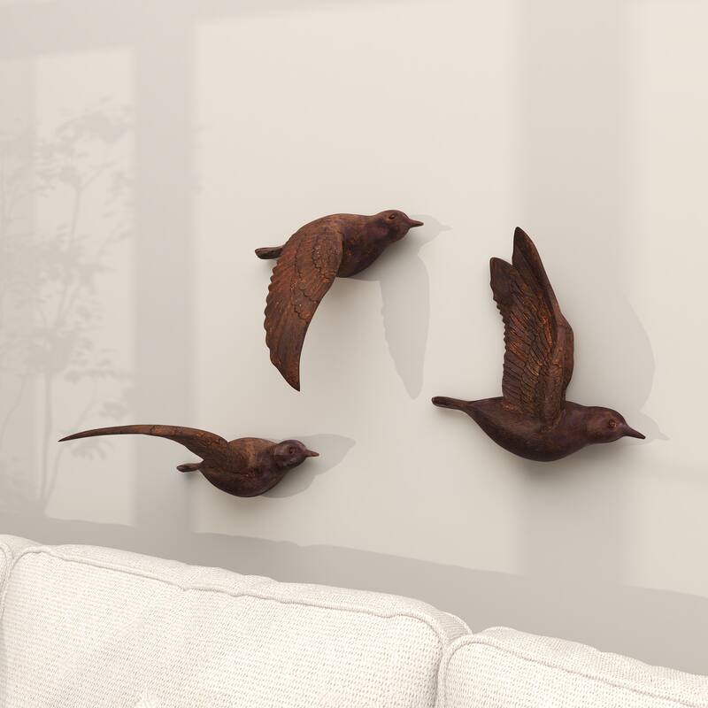 Polystone Weathered 3D Floating Bird Wall Decor (Set of 3) - Dark Brown, Gold, Silver