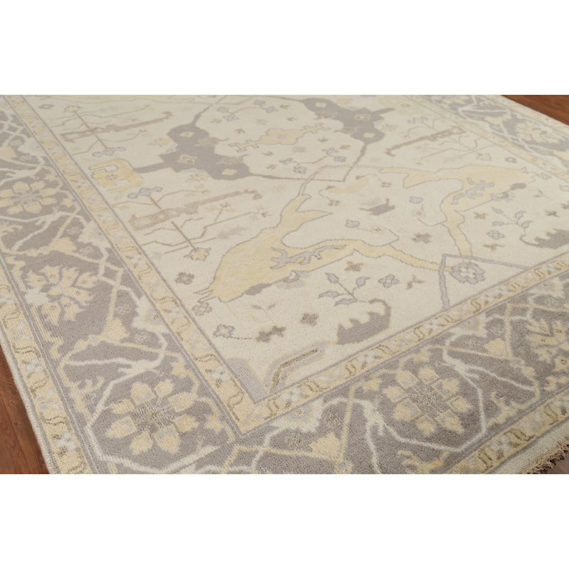 Earth Tone Oushak Indian Rug Hand-Knotted Floral Wool Carpet - 9'2"x 11'6"