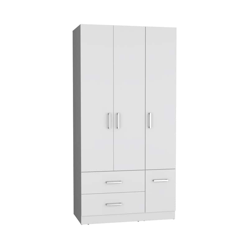 18.7" Modern Four-door Armoire with Hanging Rod, Two Drawers and 6 Shelves - White