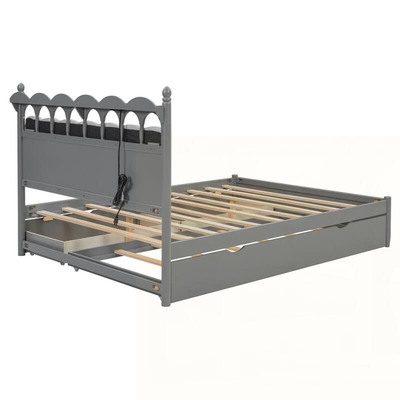 Wooden Storage Platform Bed with USB Ports