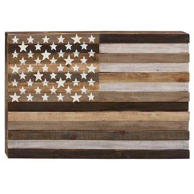 Wood American Flag Handmade Washed Home Wall Decor with Slatted Panels and Cream Stars - Brown - Roche River Decor