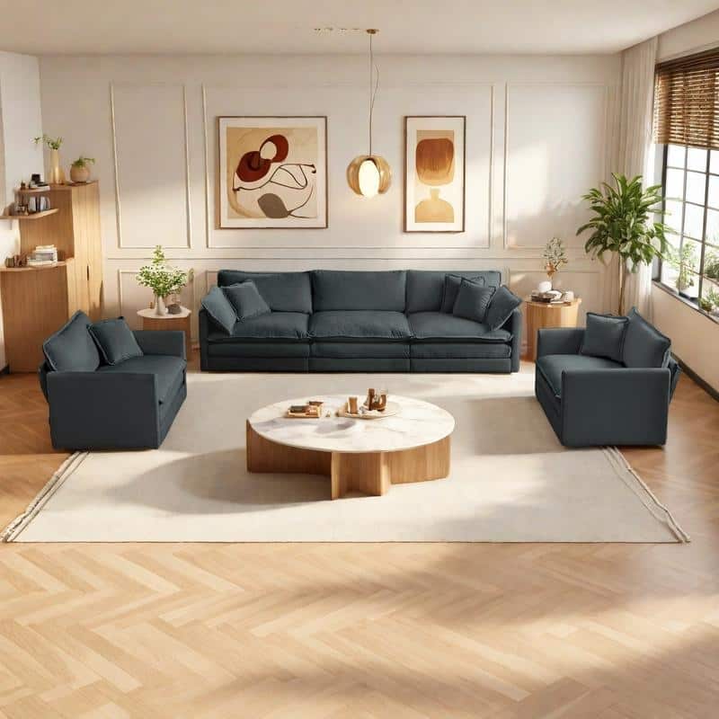 5-Seat Chenille Living Room Sofa Set (3-Seater + 2 Accent Chairs) with Round Arms & Solid Wood Frame