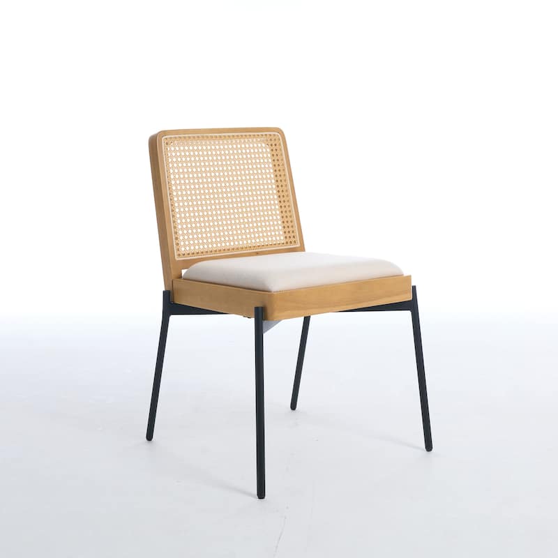 Dining Chairs Set of 2, Accent Linen Fabric Side Chairs with Rattan Backrest Metal Legs Kitchen Chairs for Dining Room