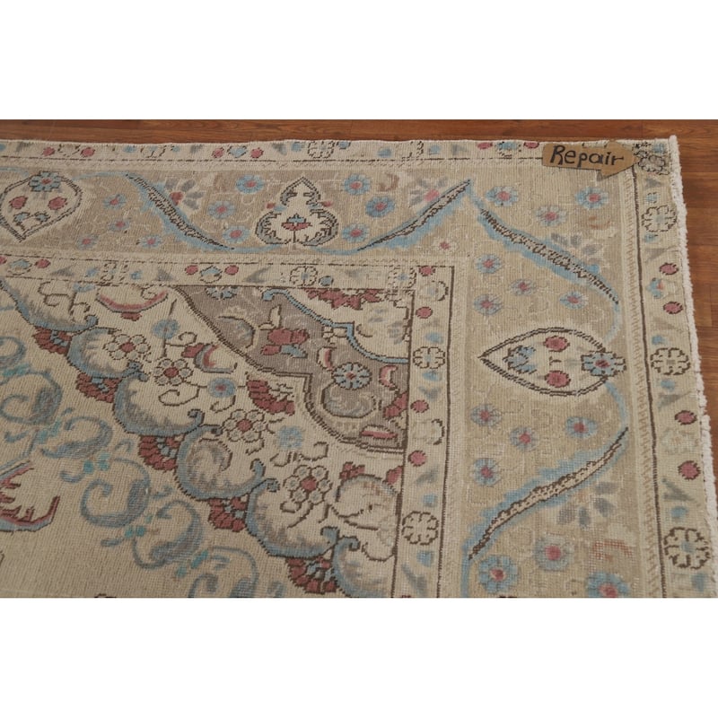 Medallion Tabriz Persian Rug Beige Hand-Knotted Wool Carpet - 9'6"x 13'3"