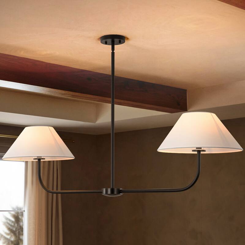 2-Light Modern Black/Gold Linear Fabric Cone Large Pendant Light for Kitchen Island