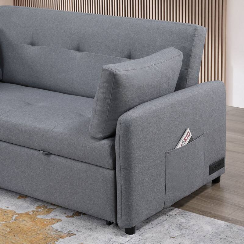 Radella 69"W Gray Linen Convertible Sleeper Sofa with USB Ports, Power Sockets, Pockets, Pillows, Tufting