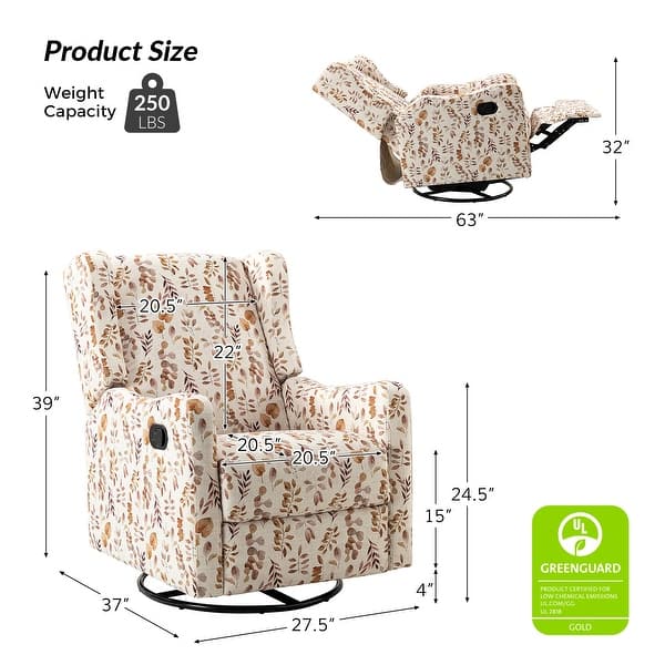dimension image slide 5 of 7, Gastone Transitional Floral Fabric Nursery Recliner with Curved Arms by HULALA HOME(Set of 2)