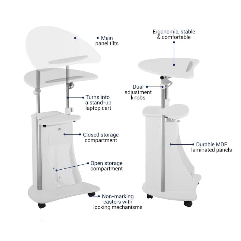 White Sit-to-Stand Adjustable Rolling Laptop Cart with Storage