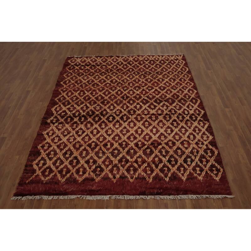 Hand Knotted Oriental 100% Wool Carpet Modern Tribal Red Moroccan Area Rug - 9' 5'' X 6' 11''