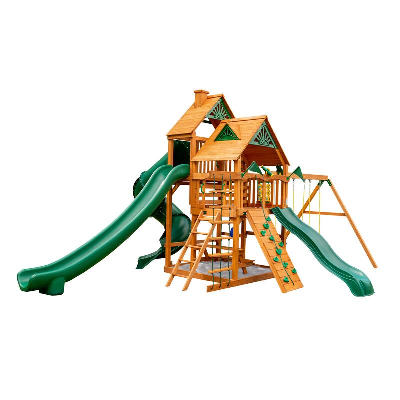 Gorilla Playsets Great Skye II Wood Swing Set with 3 Swing Set Slides - Wood Roof