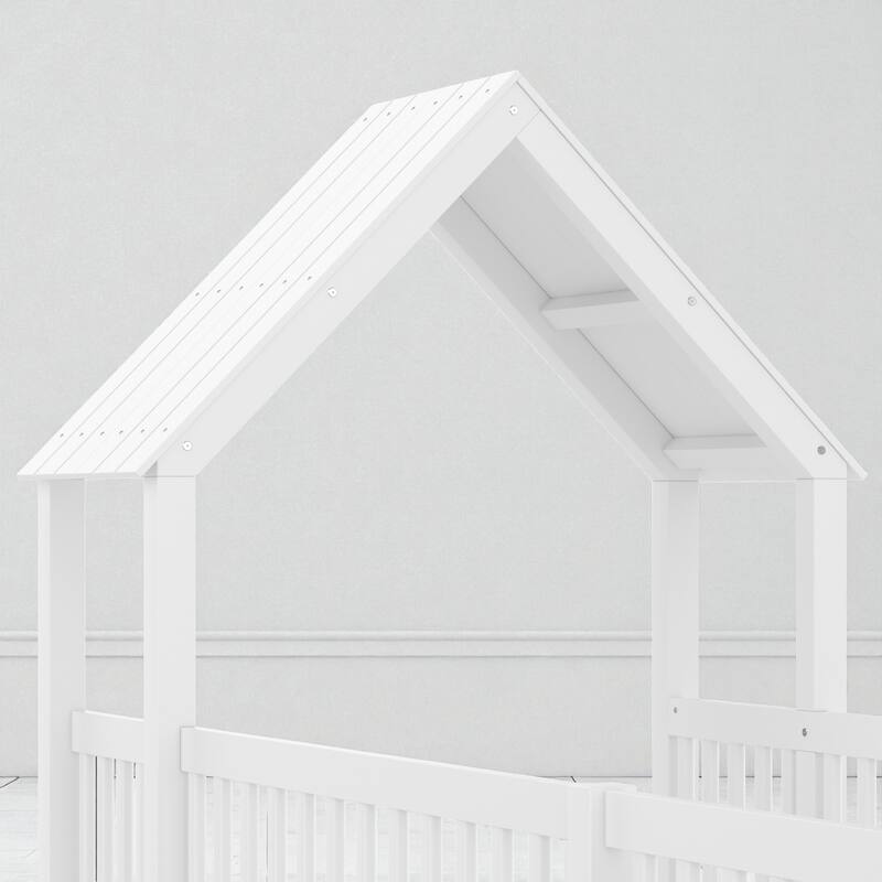 Twin/Full Size House Floor Bed with Door and Guardrails, Double Twin/Full Solid Wood Montessori Bed for Kids