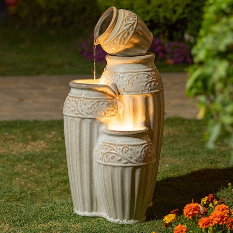 Glitzhome 27-Inch 4 Tier Embossed Pattern LED Ceramic Pots Fountain