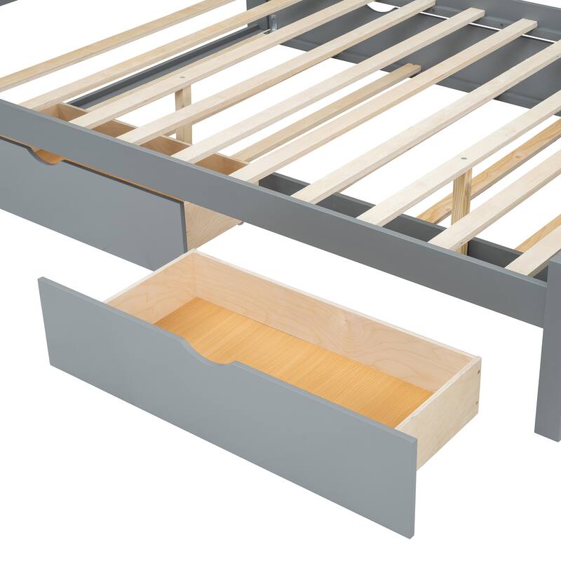 Queen Platform Bed with Rattan Headboard, 2 Storage Drawers and Pull-Out Trundle, with Built-In Compartments