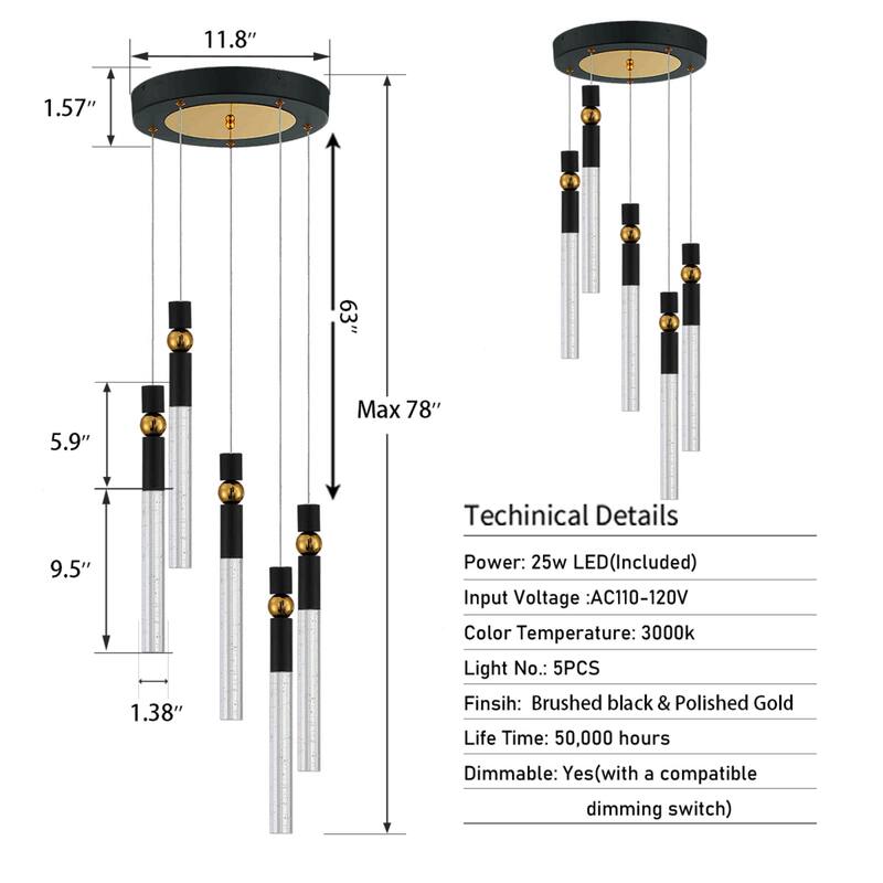 5-Light LED Crystal Pendant Light Fixture for Kitchen Island