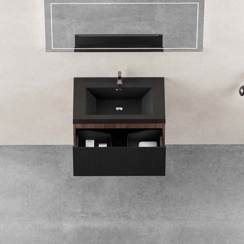 30'' Floating Bathroom Vanity with Sink Combo, Modern Wall-Mounted Striped Bathroom Storage Cabinet with Soft-Close Drawers