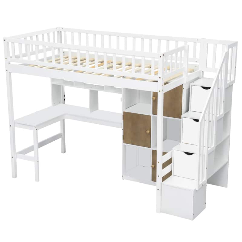 Twin Loft Bed in Walnut with Integrated L-Shaped Desk, LED Lighting, Multi-Tier Storage Shelves, Cabinets, and Staircase