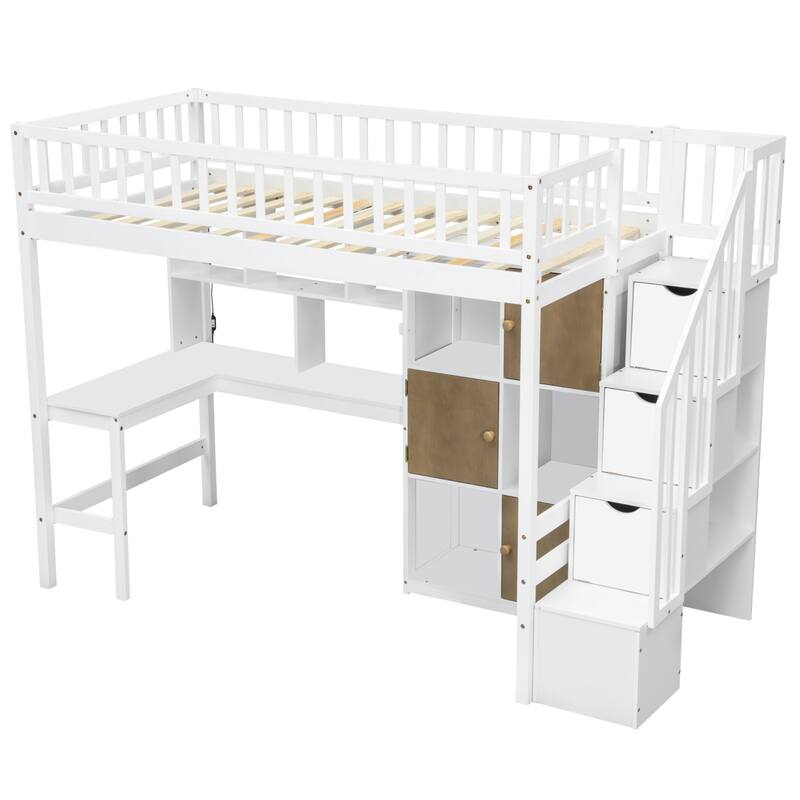 Wood Twin Size Loft Bed with Built-In Desk, LED, Storage Shelves, Cabinets and Staircase