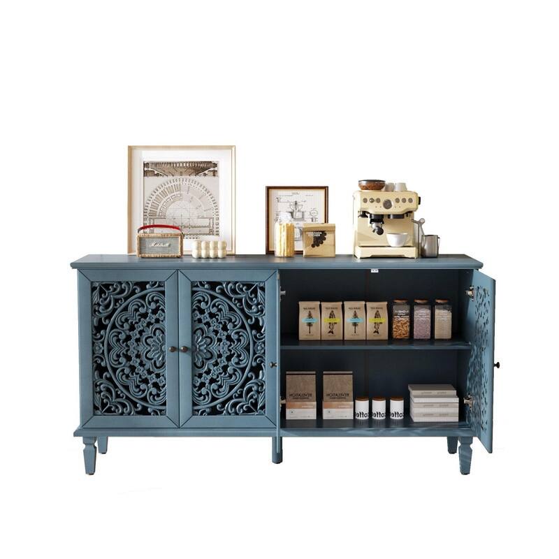 60" Antique Buffet Sideboard with Floral Carvings Solid Wood Legs and Adjustable Shelves for Versatile Storage