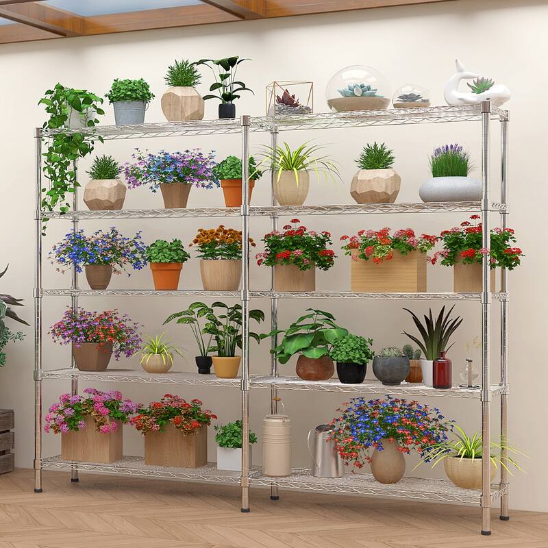 Expandable 5-Tier Chrome Finish Metal Storage Rack with Adjustable Shelf for Home and Office - 147×35×150cm