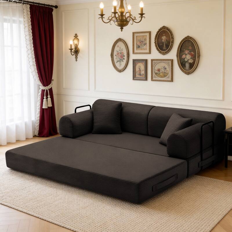 Convertible Sleeper Sofa Bed with Cylindrical Pillow, Corduroy Folding Mattress Couch with Fixed-Shape Frame for Bedroom