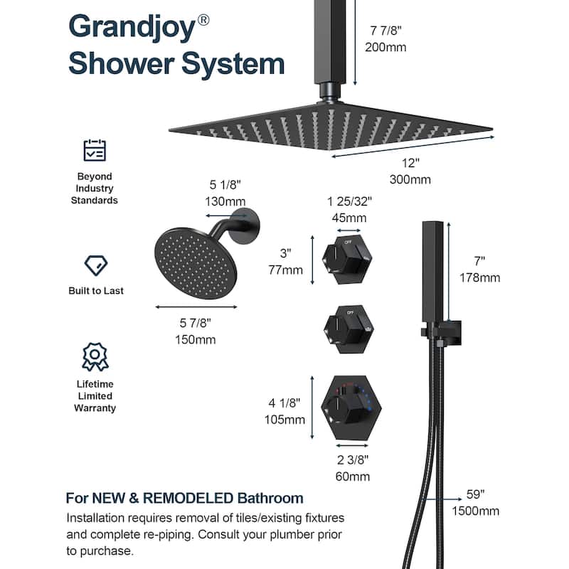 GRANDJOY Thermostatic Shower Faucet Set 12" Ceiling and 6" Wall Mount Rainfall Dual Shower Heads with Handheld Spray Combo
