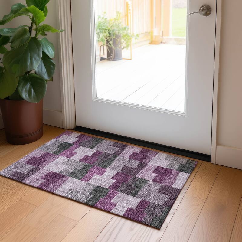 Machine Washable Indoor/ Outdoor Chantille Contemporary Blocks Rug - Merlot - 1'8" x 2'6"