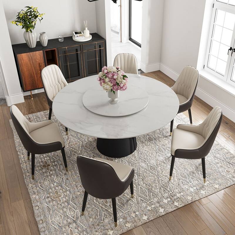 Modern Round White Dining Table，Sintered Stone Tabletop, Solid Black Carbon Steel Base