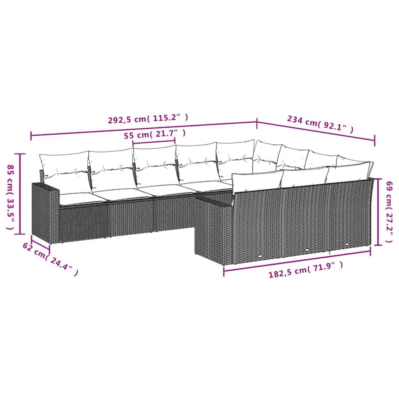 vidaXL Garden Sofa Set Gray PE rattan Large Removable Covers - 24.4 x 25.8 x 27.2