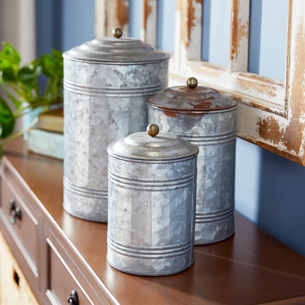 Gray Metal Galvanized Ribbed Living Room Decorative Jars with Gold Ball Knobs (Set of 3)