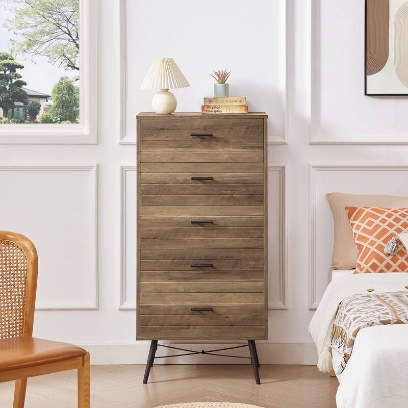 Stylish Spacious Dressing Drawer Storage Wardrobe with 5 Drawers, for Bedroom Hallway, Rustic Walnut