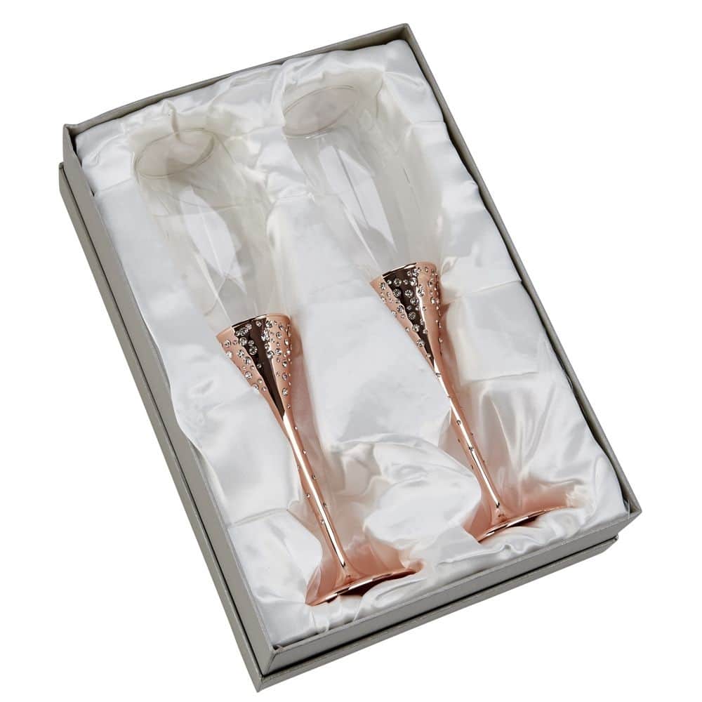 10.5" Rose Gold Champagne Flutes Set of 2 Crystal-Studded Wine Glasses for Parties & Events - 10.5"H