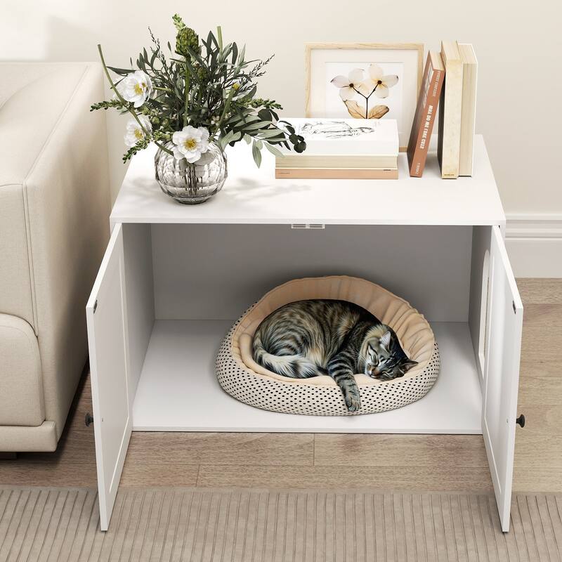 PawHut Cat Litter Box Enclosure, Hidden Litter Box Furniture with Barn Door, Cat Hole, Indoor Pet House Washroom, End Side Table