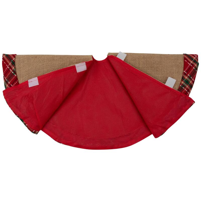 Burlap Mini Christmas Tree Skirt with Red Plaid Border - 20"