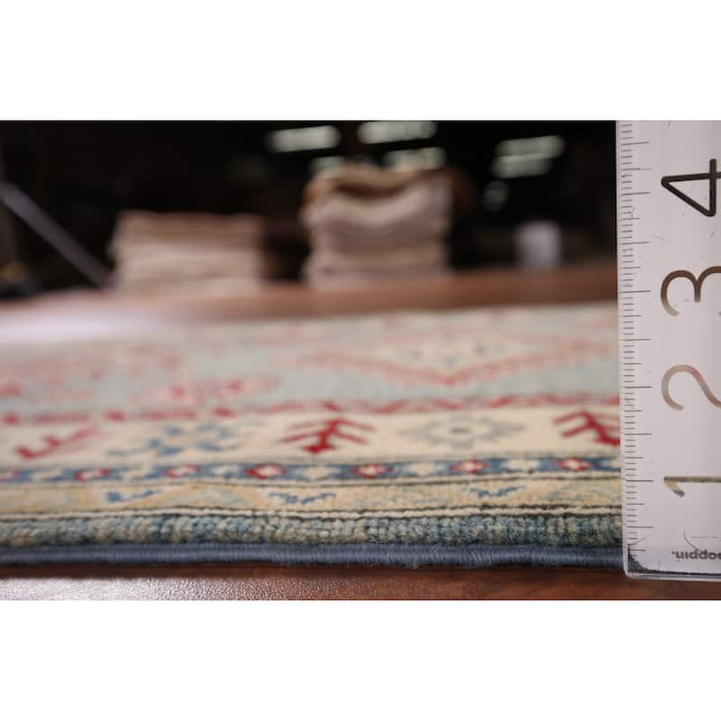Geometric Kazak Oriental Runner Rug Hand-Knotted Blue Wool Carpet - 2'3" x 13'2"