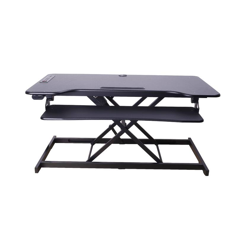 Rocelco 46 in. W Black Electric Standing Desk Converter with AC Outlet, USB Charger and Triple Monitor Riser Platform