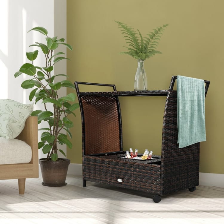 Patio Rattan Bar Serving Cart with Glass Top and Handle - 43" x 18" x 26" (L x W x H)