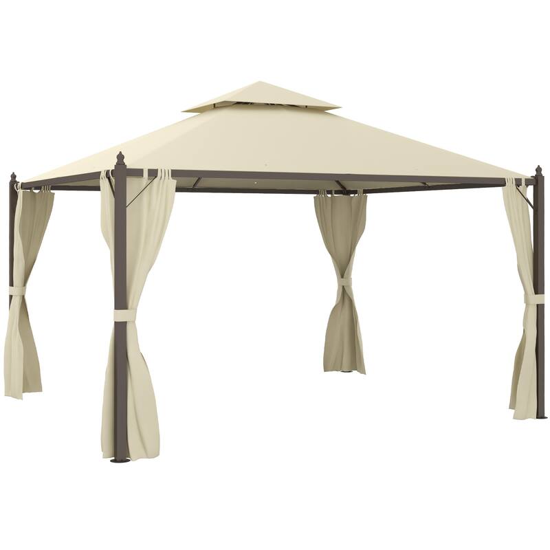 10x12 Foot Steel Outdoor Patio Gazebo with Privacy Curtains and Two-Tier Roof - Beige