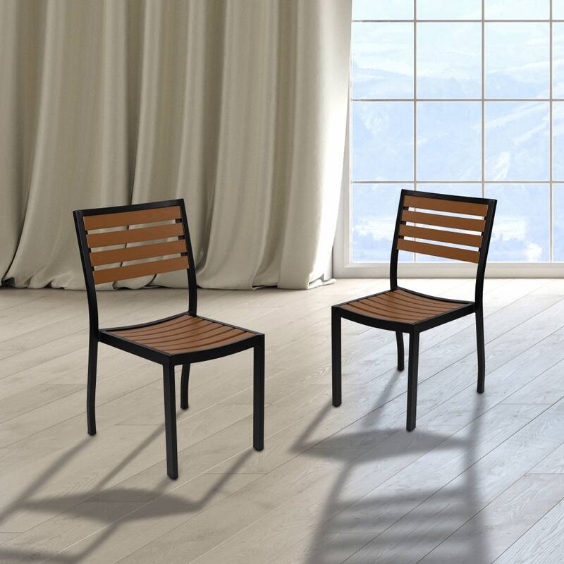 2 Pack Outdoor Faux Teak Side Chair with Poly Slats - Teak Patio Chair - Teak