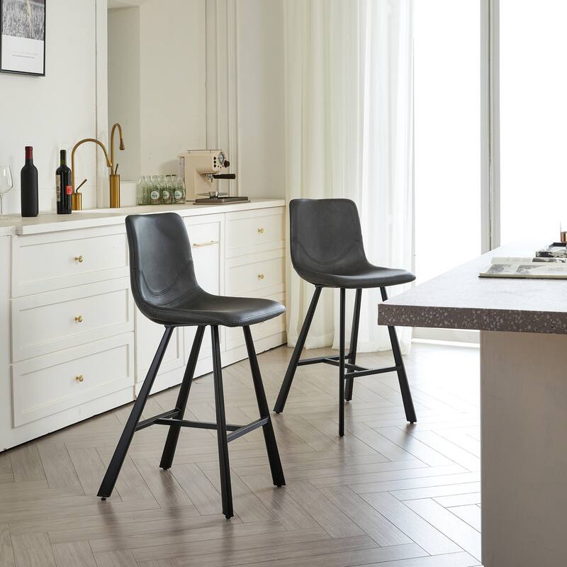 Set of 2 Bar Stool with Ergonomic Curved Backrest - Sturdy Black Metal Frame Counter Height Seating with Footrest