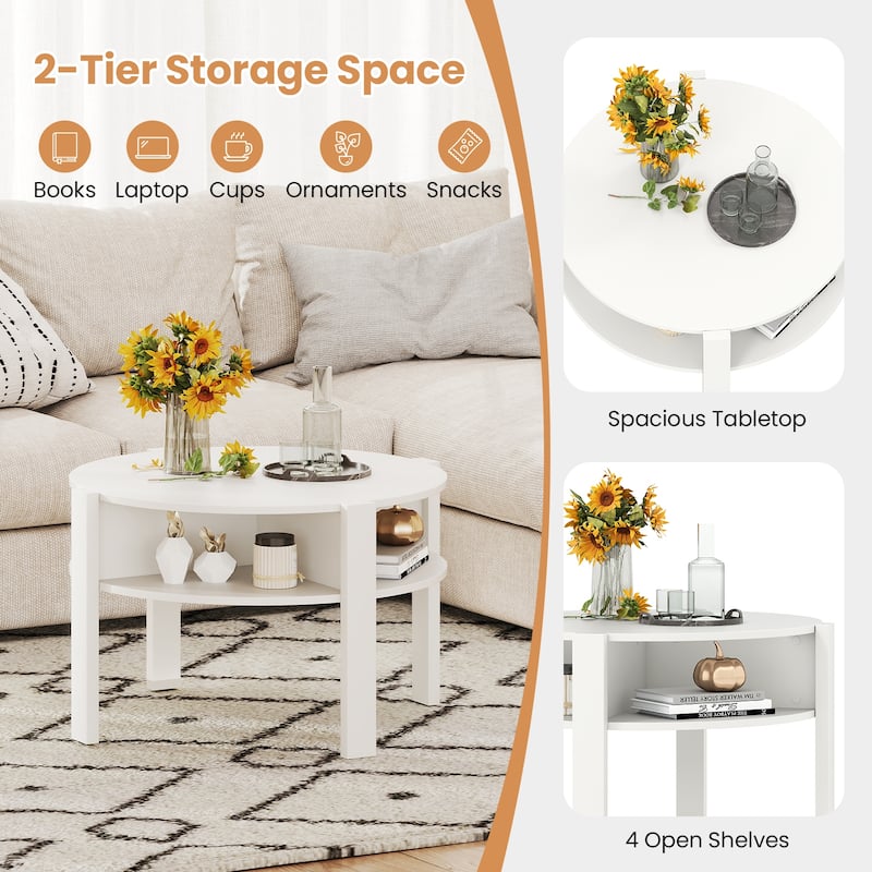 29.5 Inch Compact Round Coffee Table with Side Shelves and Wood Frame Perfect for Living Room Decor - 29.5" x 29.5" x 18"
