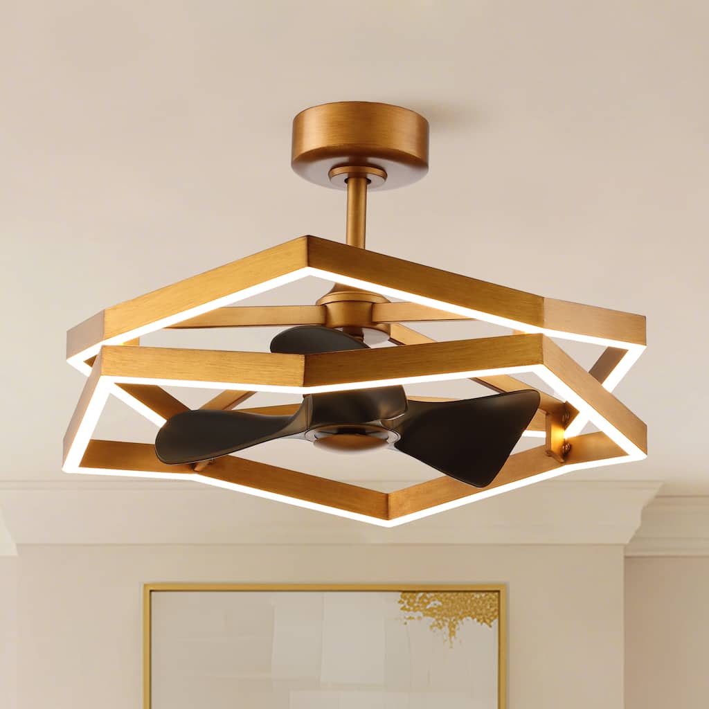 31" Modern Antique Brass Bladeless Caged Ceiling Fan with Light and Remote