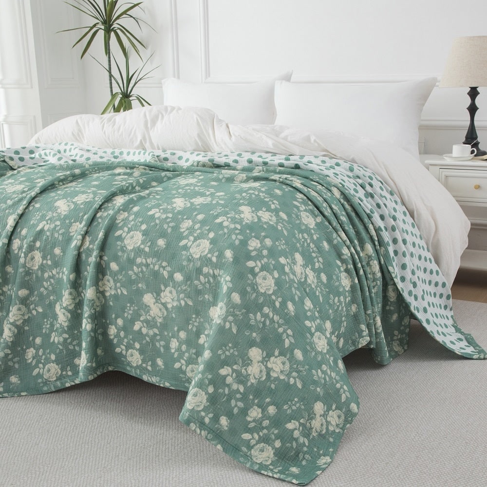 Reversible Cotton Muslin Blanket, 3 Layer Soft Breathable Throw
